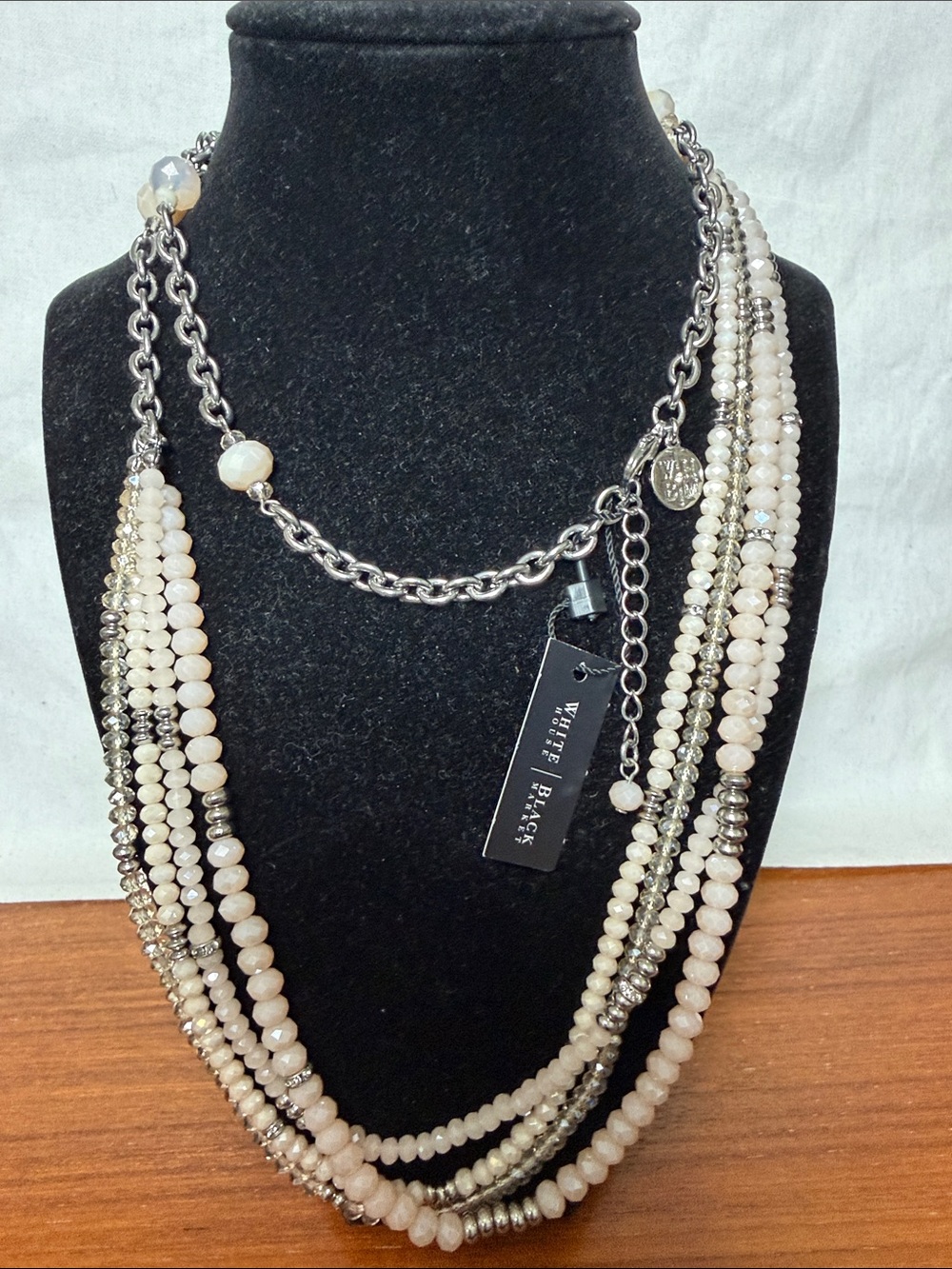 White House Black Market Layered Beaded Necklace in blush and Silver
